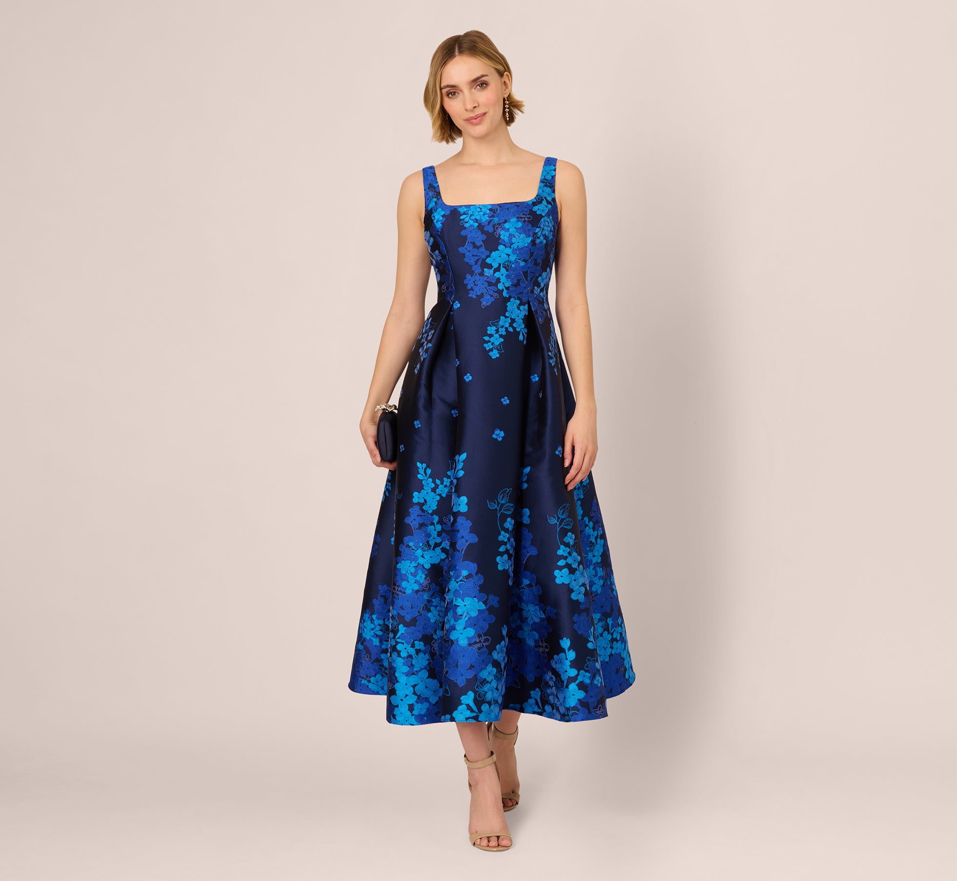 Sleeveless Square Neck Floral Jacquard Midi Dress In Blue Multi、mySite、solidvoid