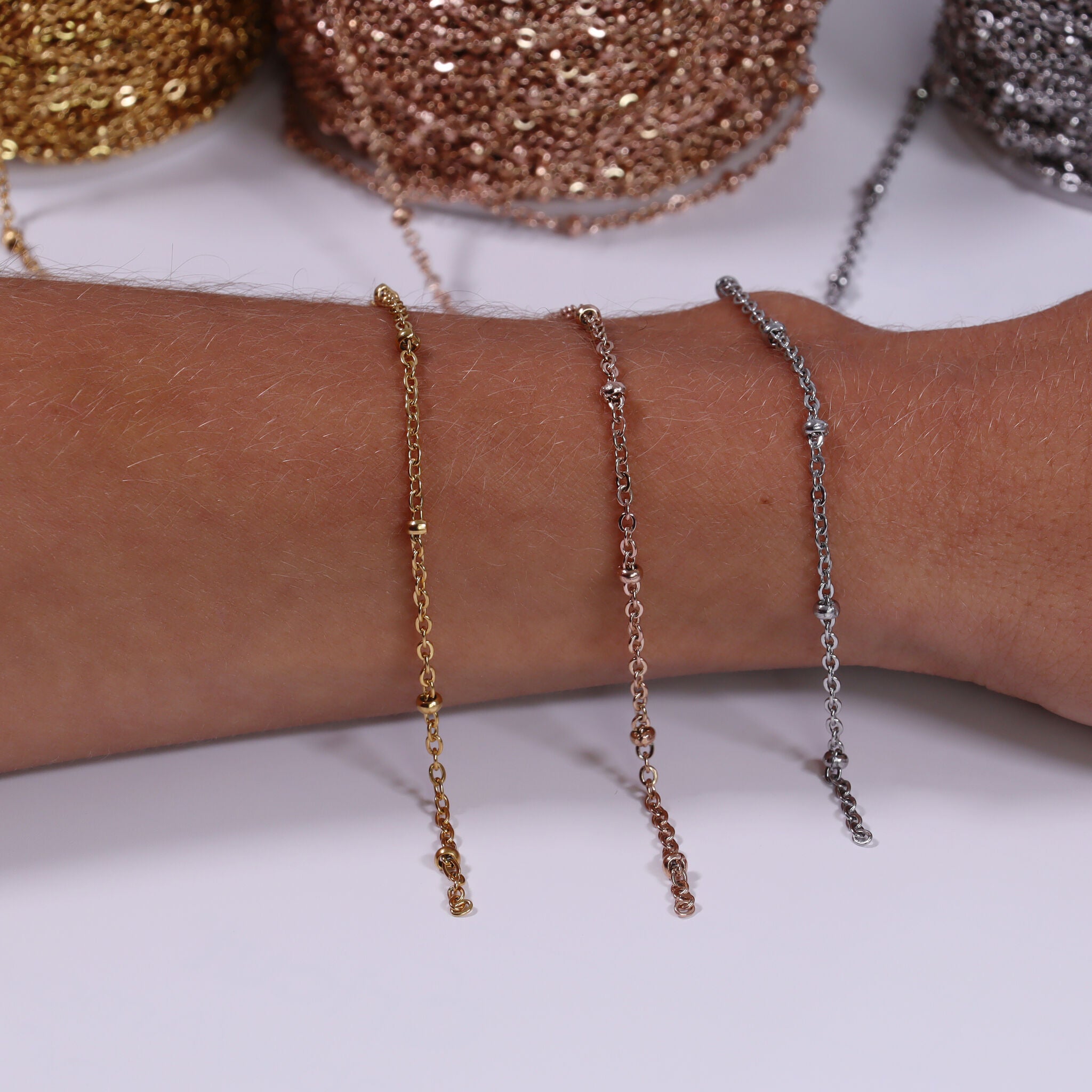 2.5mm 18K Gold PVD Stainless Steel Beaded Satellite Permanent Jewelry Chain By The Foot / SPL1006、mySite、dreamappss