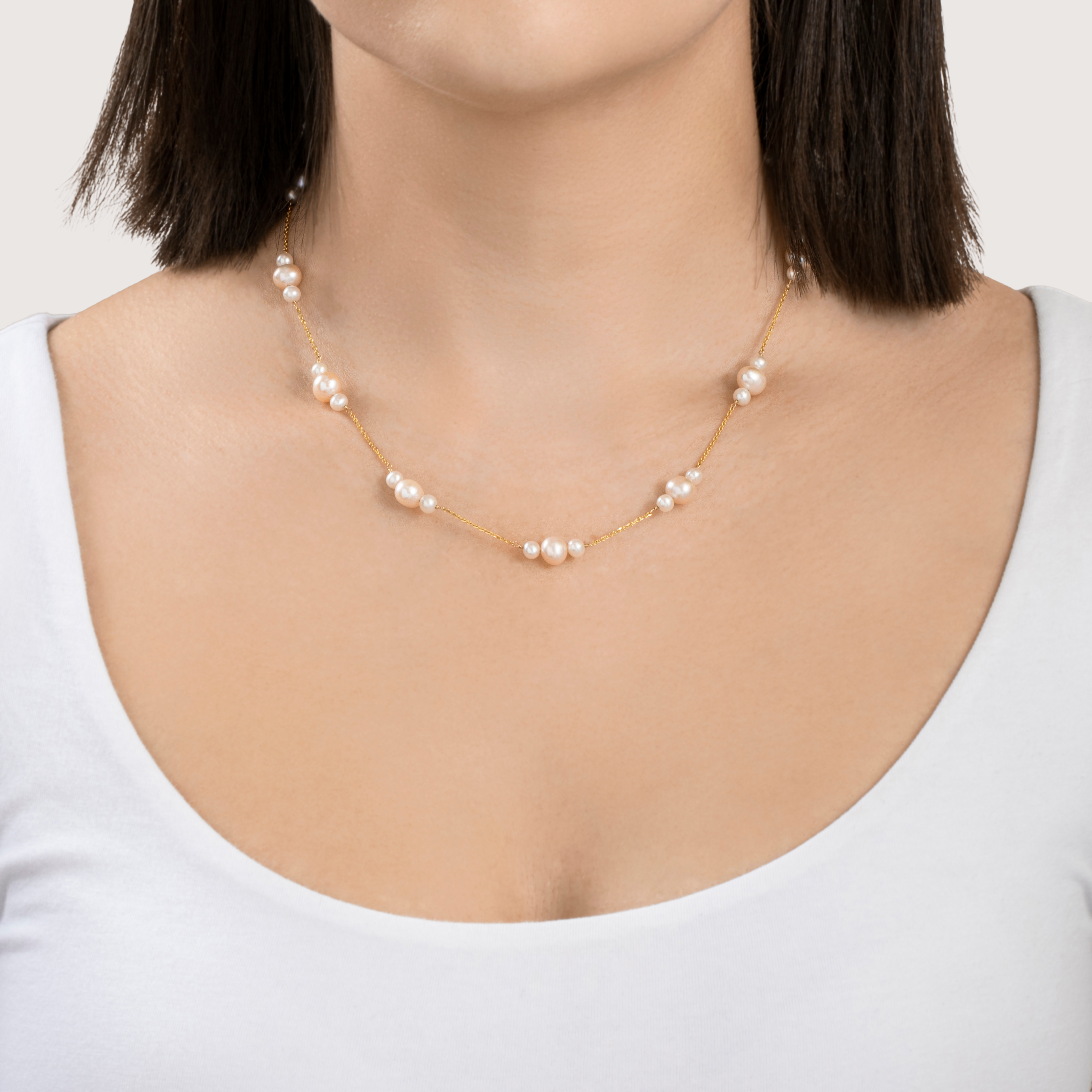 Vintage 14k Yellow Gold Pearl Lustrous Station Necklace 17、mySite、hinf8tx79