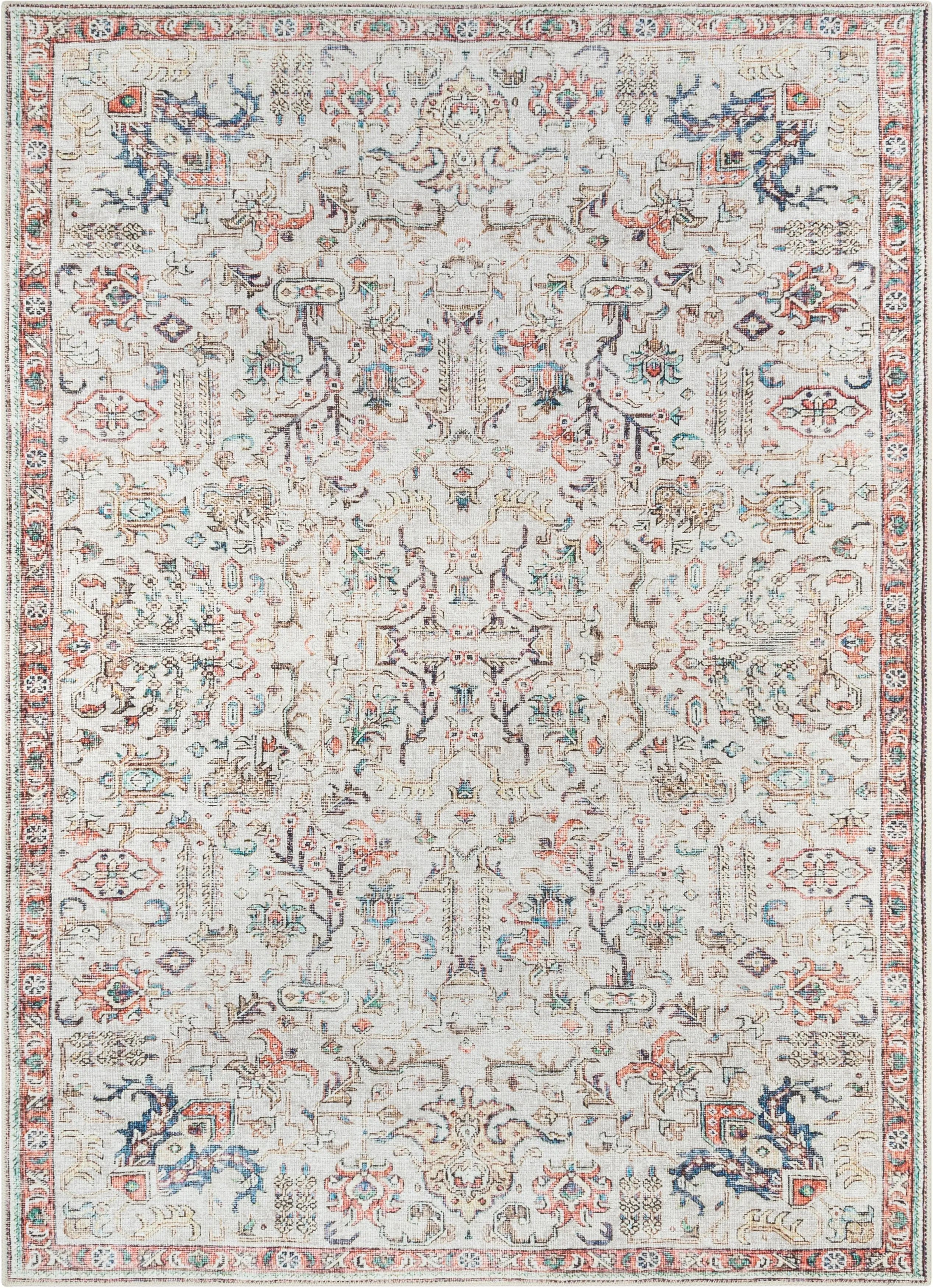 Pomona Machine Washable Vintage Medallion Botanical Border Ivory Flat-Weave Distressed Rug、mySite、gigharbornorthrealestate