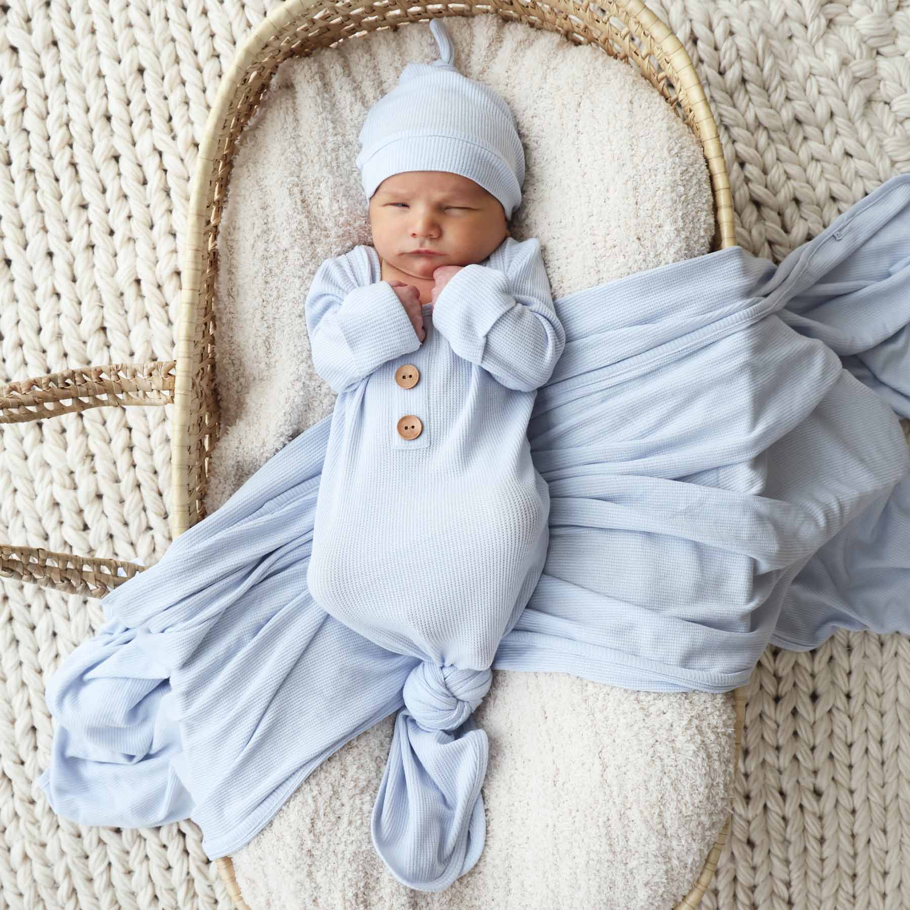  Ice Blue Bamboo Waffle Newborn Baby Knot Gown & Hat Set、mySite、layawaytickets