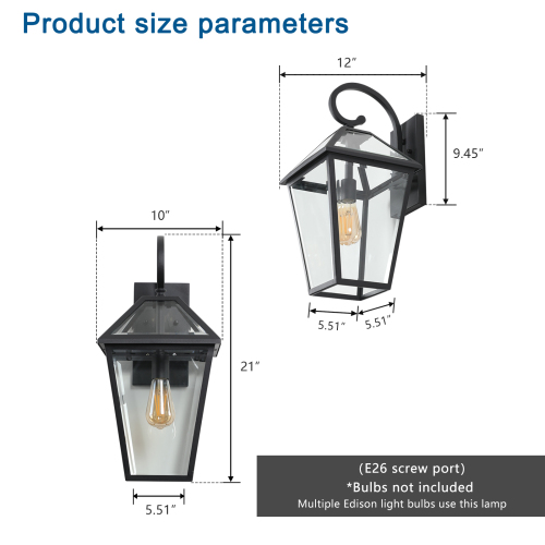 10" 2pcs Outdoor Wall Lanterns, Black Finish Weatherproof Wall Sconce with Clear Glass Panels, Vintage Exterior Light Fixtures for Porch, Patio, Garage, and Entryway (Bulb Not Included)、、eastwooduniform