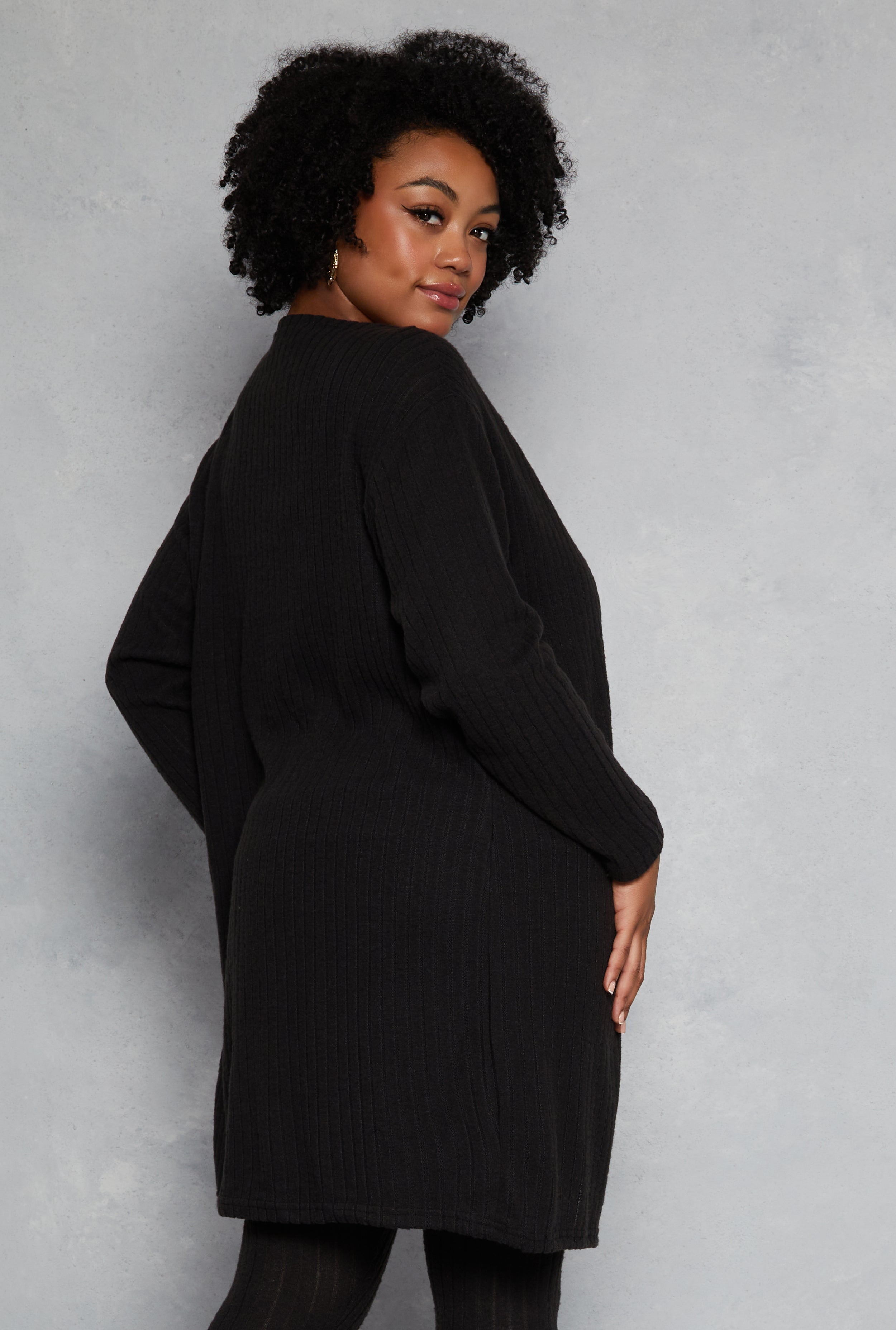 Plus Size Brushed Ribbed Knit Long Cardigan、mySite、camillekostekn