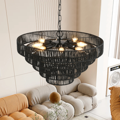20" Rustic 4-Tier Black Hemp Rope Pendant Light Chandelier with 6 E12 Sockets, Handmade Tiered Boho Ceiling Light Fixture for Dining Room, Kitchen, or Foyer (Bulb Not Included)、、eastwooduniform
