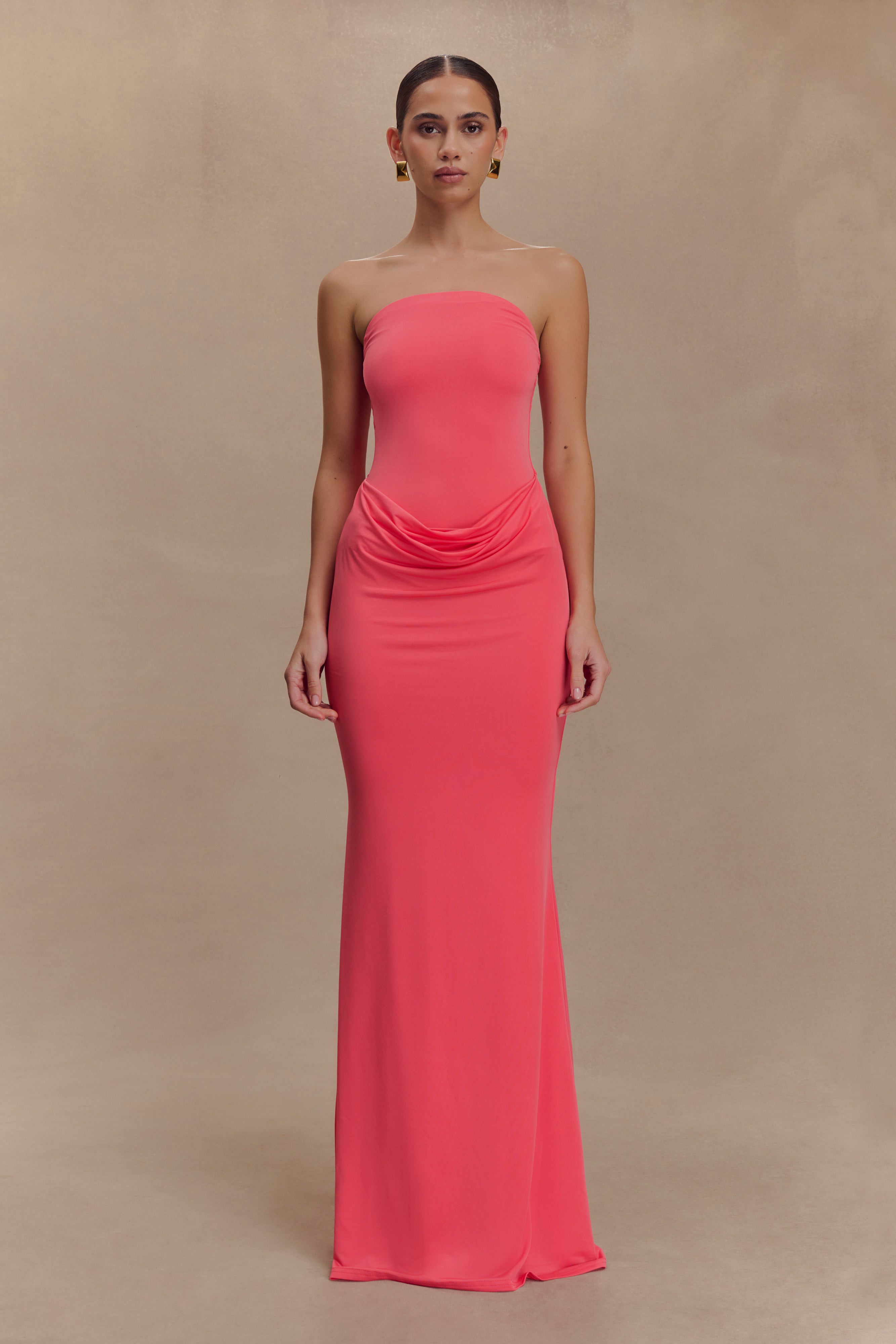 Madison Strapless Slinky Maxi Dress - Coral、mySite、solidvoid