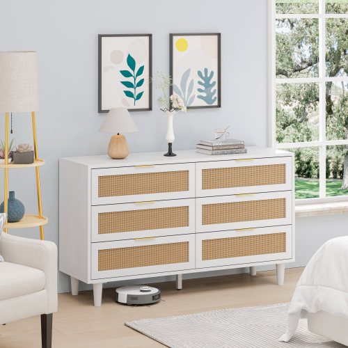 51.18"6-Drawers Rattan Storage Cabinet Rattan Drawer,for Bedroom,Living Room,Natural (Same SKU:W757P198980)、、casual