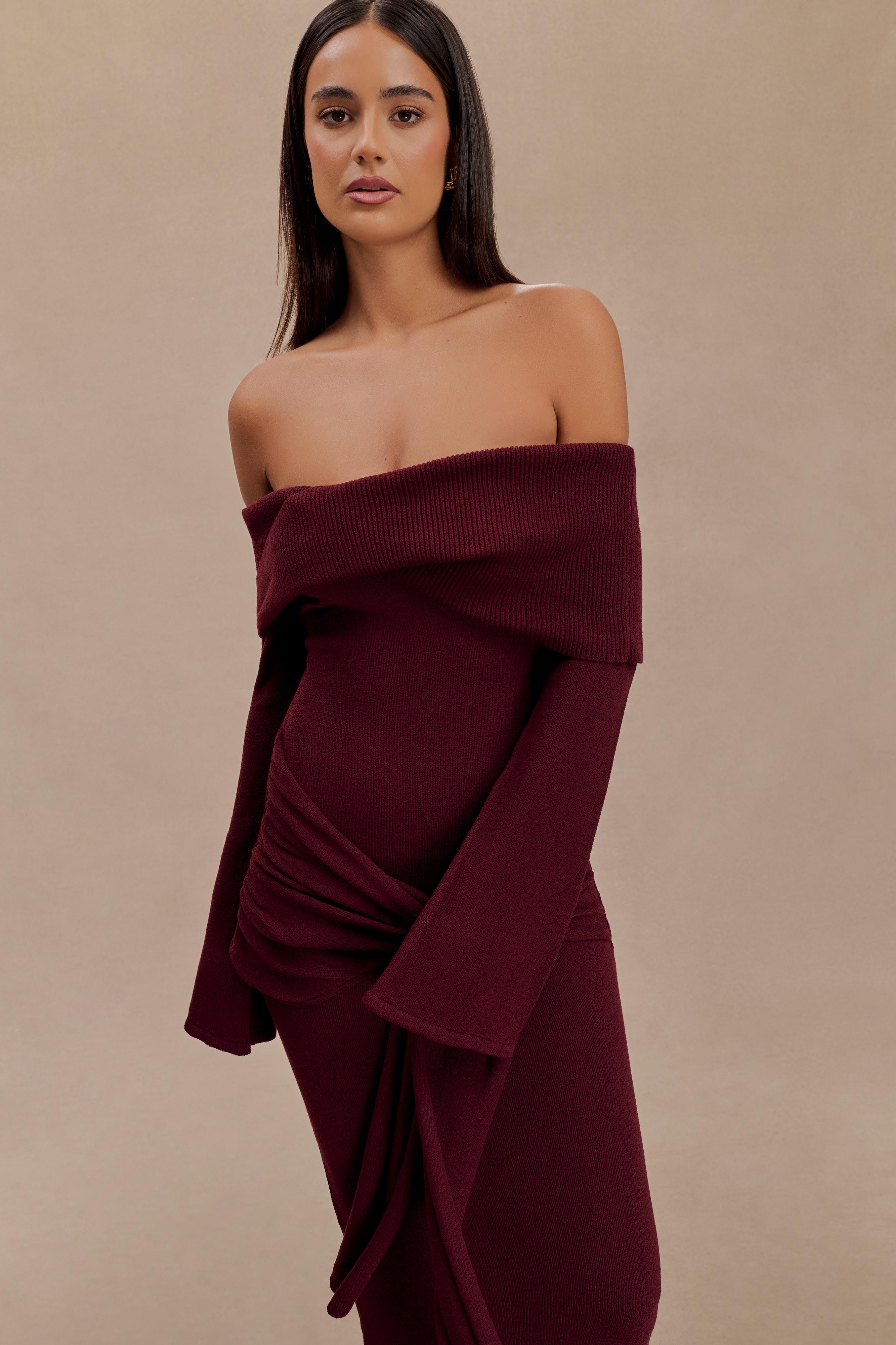 Cameron Off Shoulder Tie Maxi Dress - Merlot、mySite、solidvoid