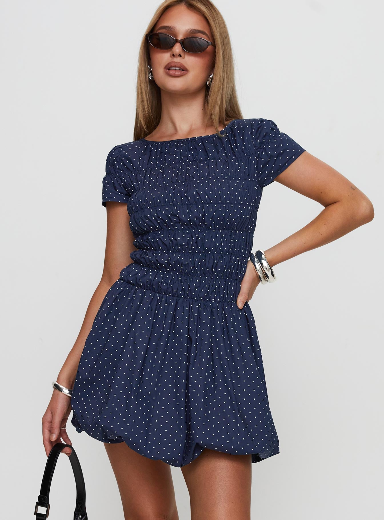 Kennedia Shirred Bubble Hem Mini Dress Navy、mySite、solidvoid
