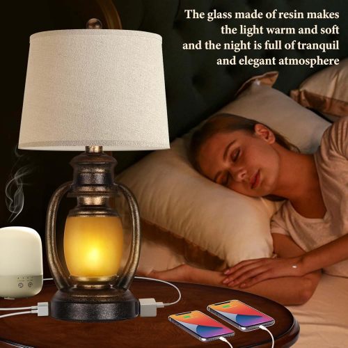 Set of 2 Rustic Living Room with 2 USB Port and Outlet,Farmhouse Table Bedside Lamps for Bedroom,Vintage Cottage Nightstand Lamps with Nightlight Miner Lantern、、xpatfood