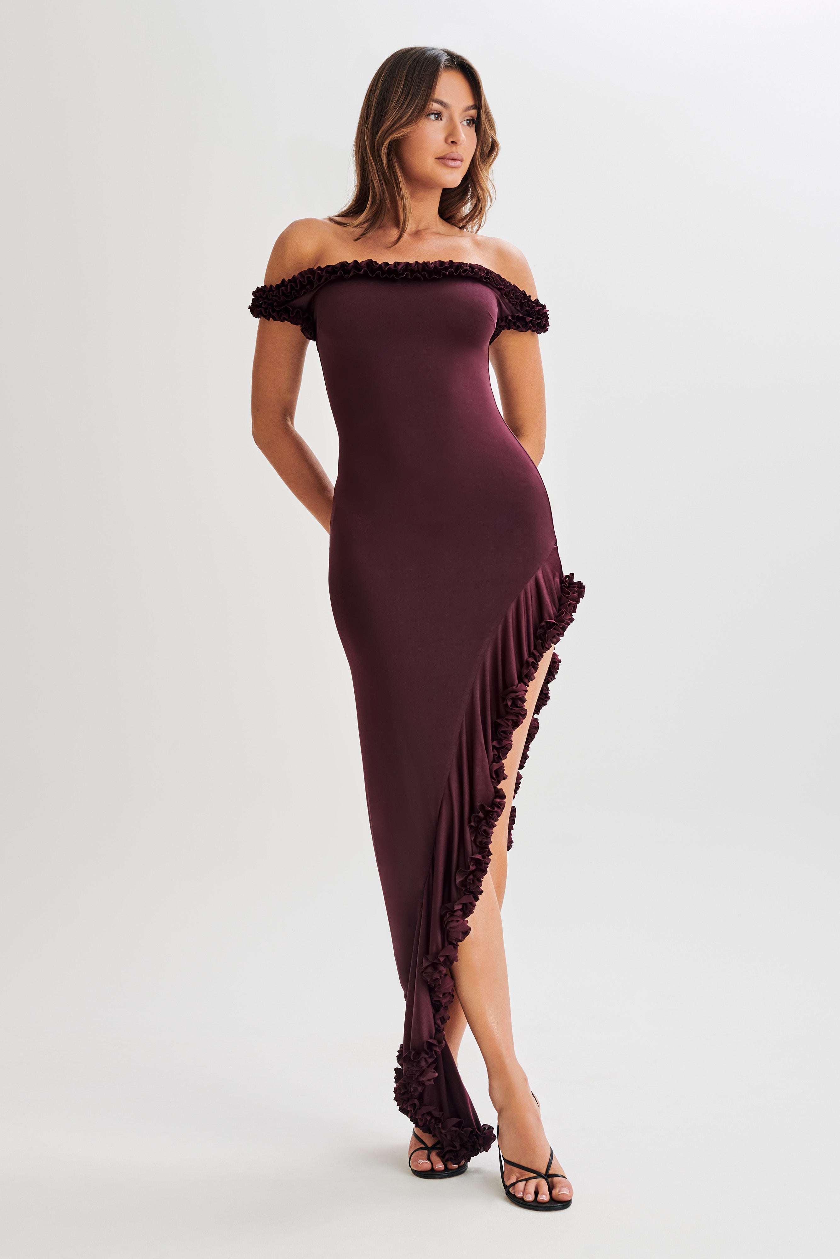 Arielle Off Shoulder Ruffle Midi Dress - Plum、mySite、solidvoid