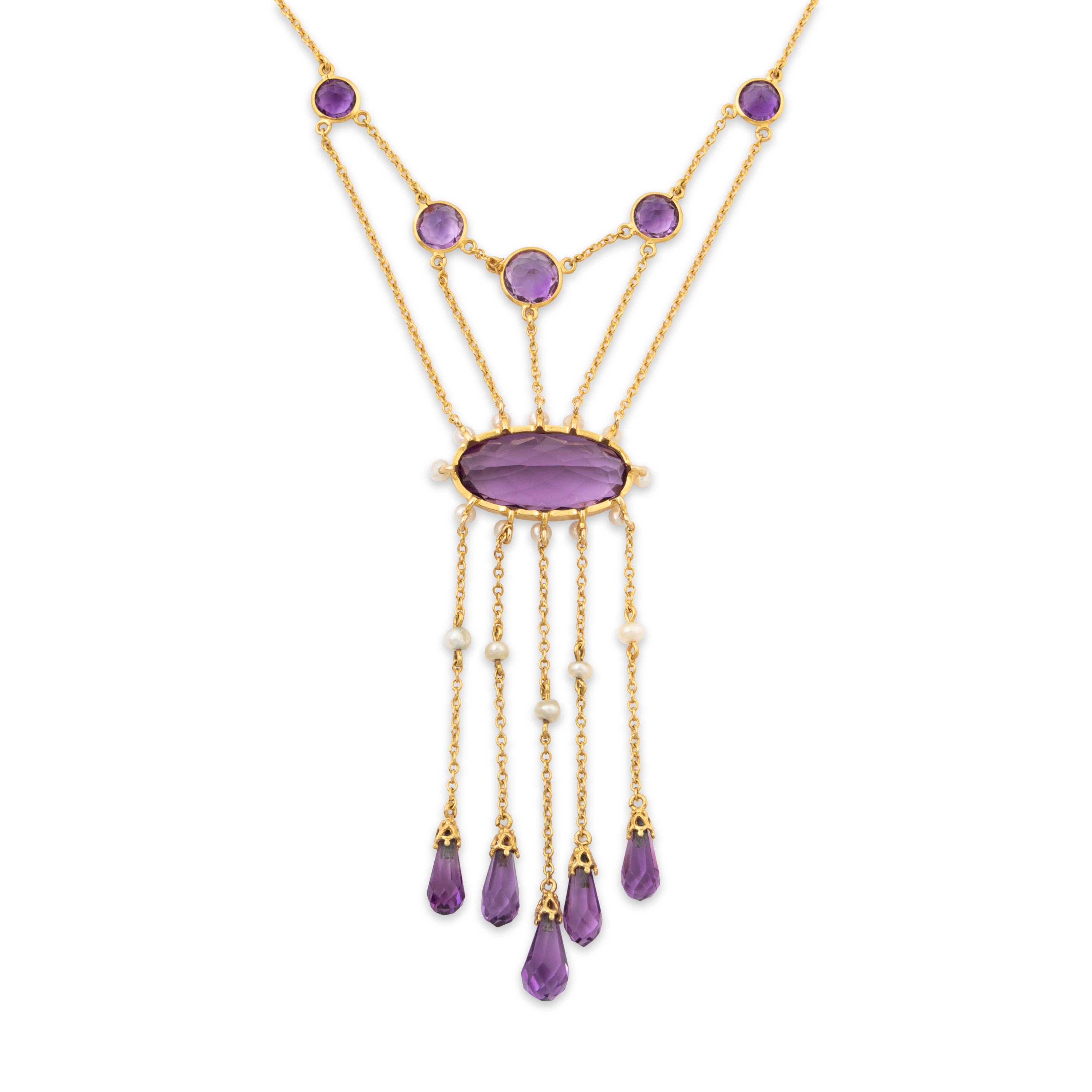 Antique 14k Gold 19.41cttw Amethyst Pearl Royal Purple Cascade Statement Necklace 15.5、mySite、hinf8tx79