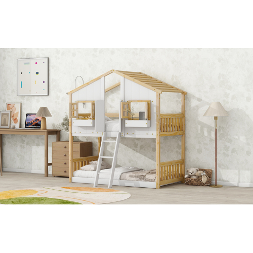 Twin over Twin House Bunk Bed with Roof , Window, Window Box, Door , with Safety Guardrails and Ladder,White、、casual
