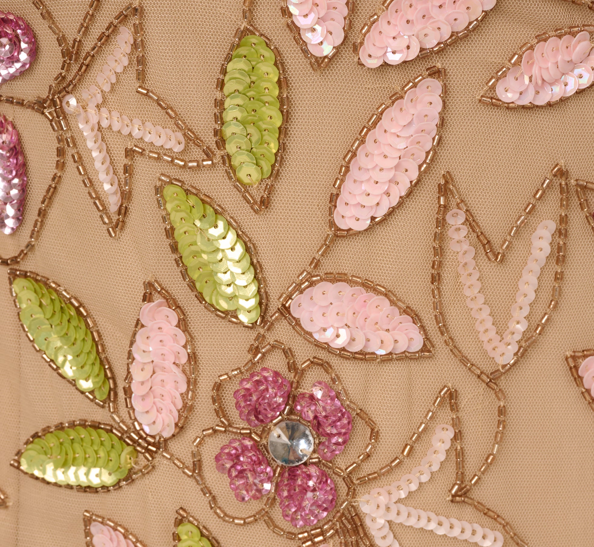 Short Sleeve Vine Beaded Godet Gown In Nude Multi、mySite、solidvoid