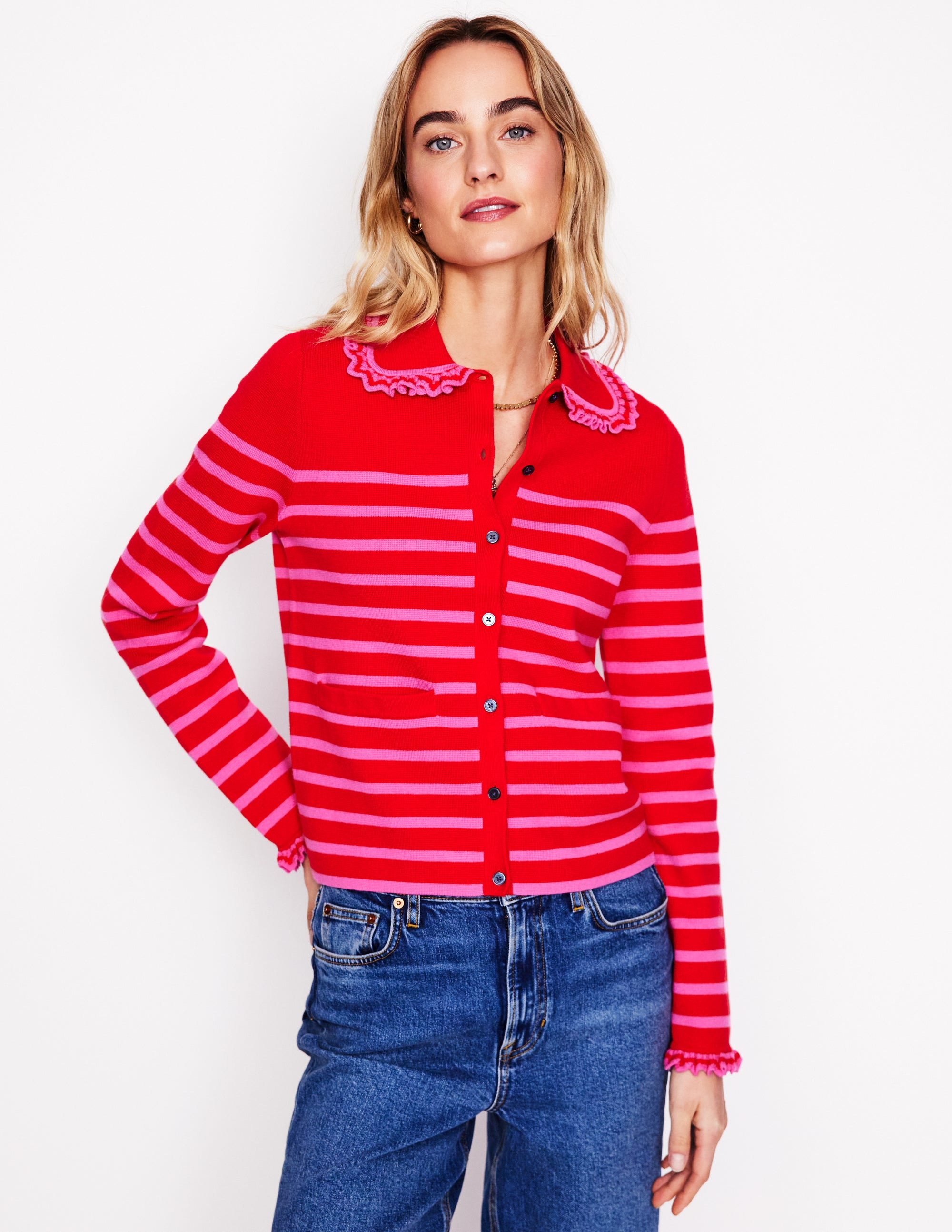  Jessie Frill Collared Cardigan-Poppy Red, Sorbet Pink Stripe、mySite、ashleygrahame