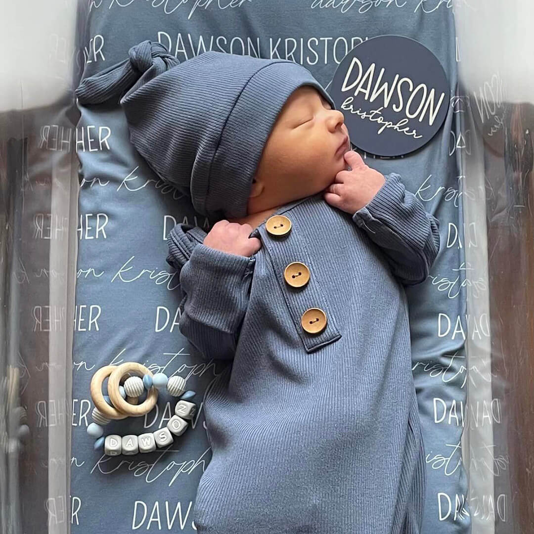  Steel Blue Ribbed Bamboo Baby Knot Gown & Hat、mySite、layawaytickets