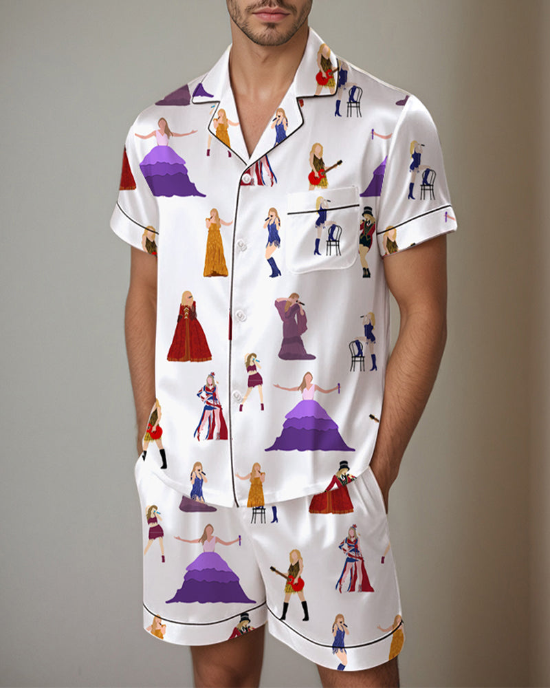 Men Route 66 Pattern Satin Pajama Set、mySite、bengalsvssteelers