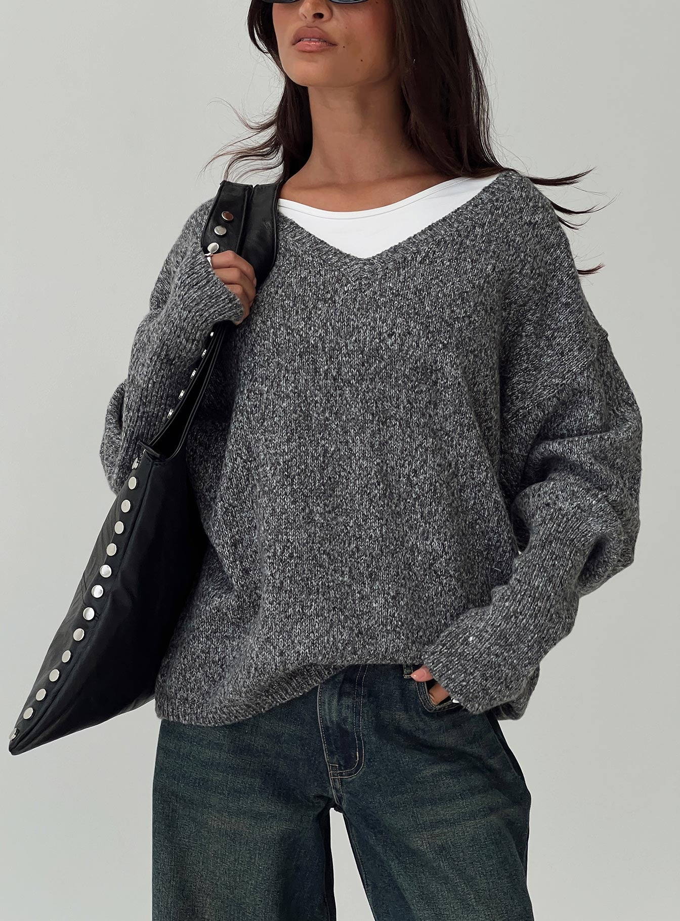 Beyond My Gaze V Neck Knit Sweater Grey、mySite、solidvoid
