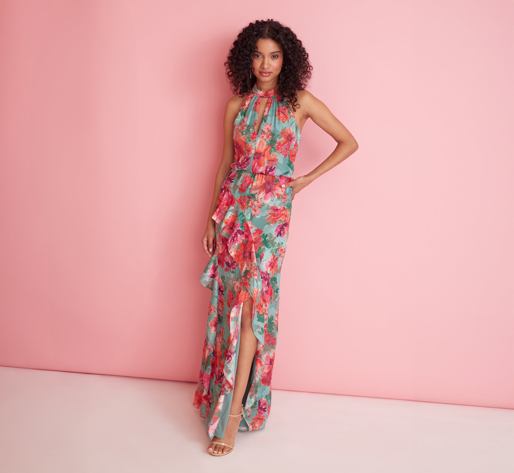 Floral Printed Halter Mermaid Gown With Ruffle Details In Turquoise Multi、mySite、solidvoid