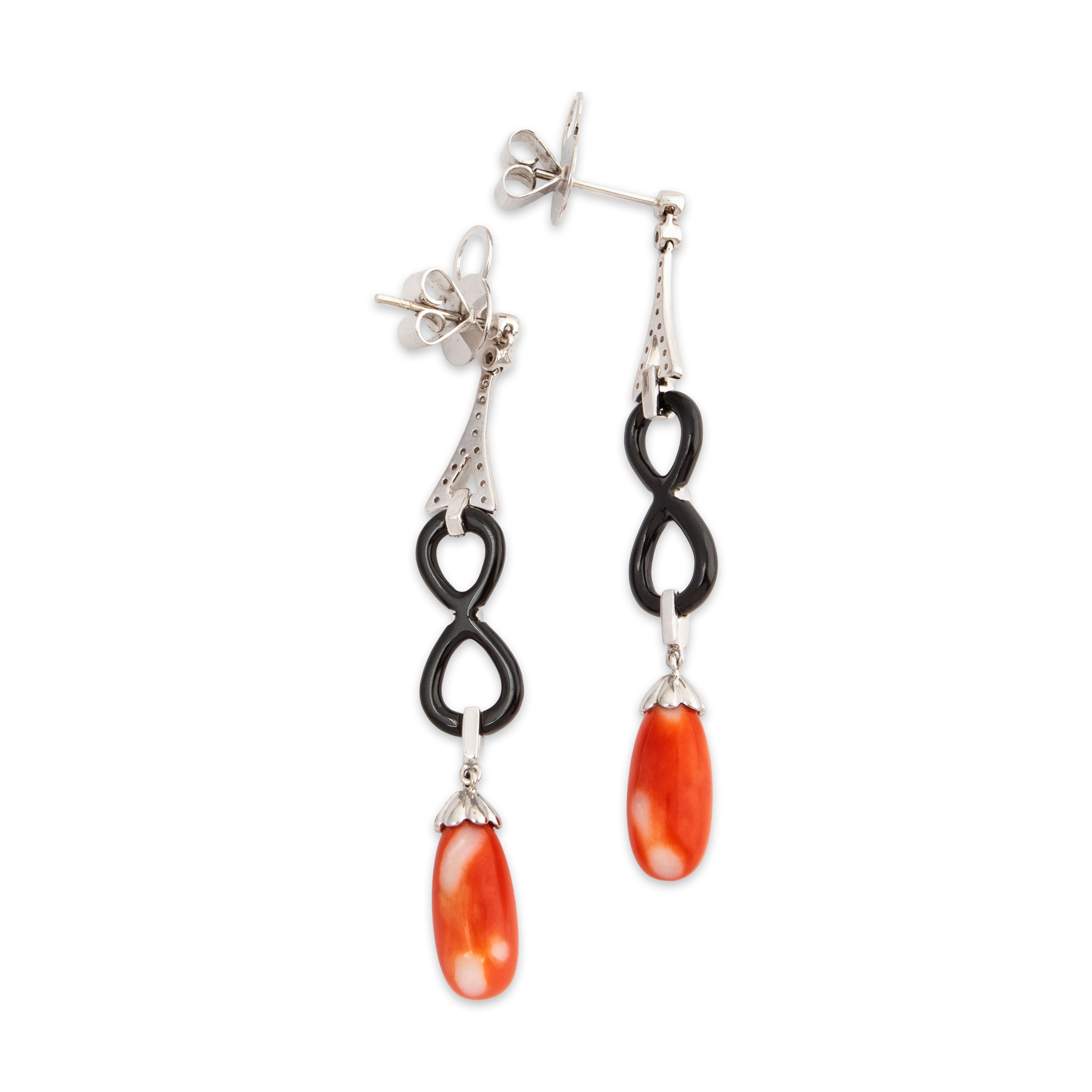 Abbott & Oaks 18k White Gold Coral Onyx Diamond Art Deco Style Dangle Earrings、mySite、hinf8tx79