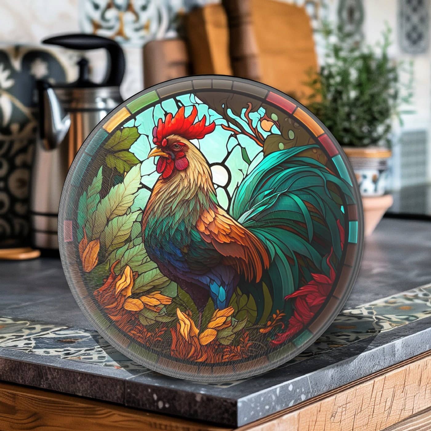 Rooster Tempered Glass Cutting & Serving Board Colorful Stained Glass Look、mySite、g9winljtr