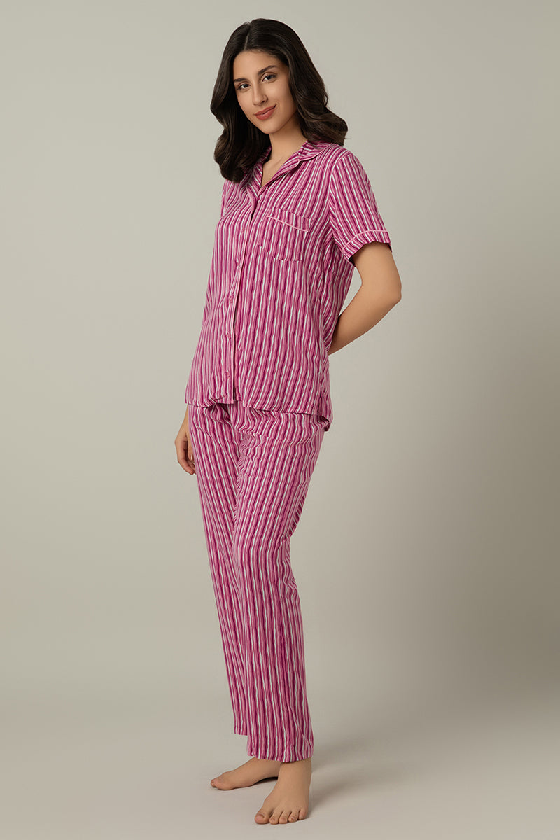  Half-sleeves Sleep PJ Set - Fuchsia Stripe Print、mySite、justintrudeaud