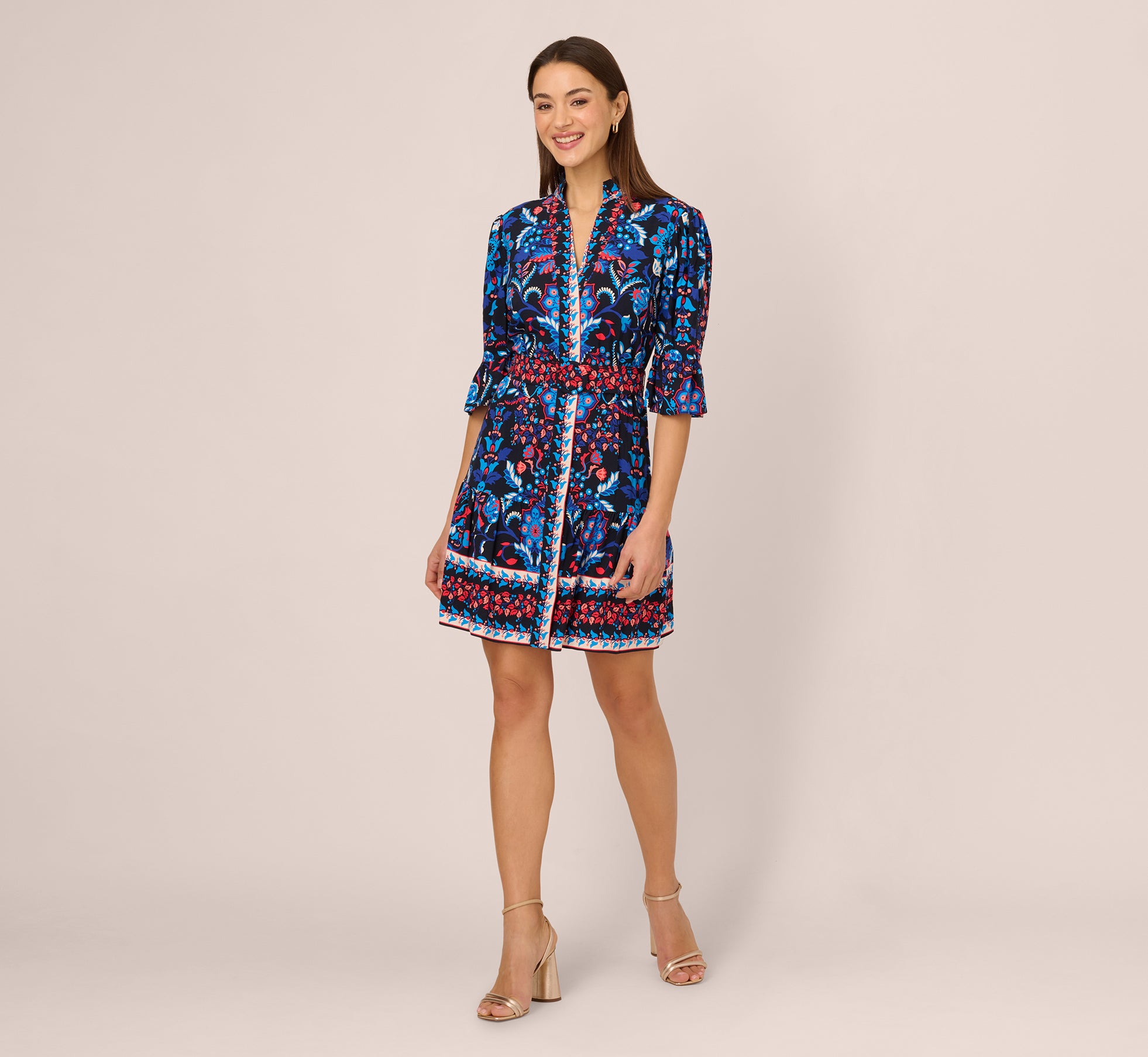 Abstract Print Button Down Dress With Three Quarter Bell Sleeves In Navy Multi、mySite、solidvoid