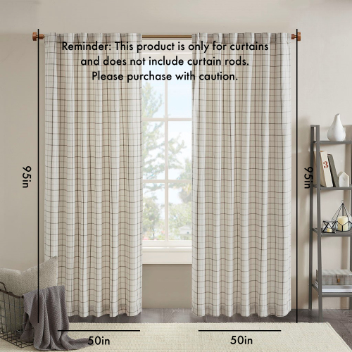 Plaid Rod Pocket and Back Tab Curtain Panel with Fleece Lining Brown 50x84"、、eastwooduniform