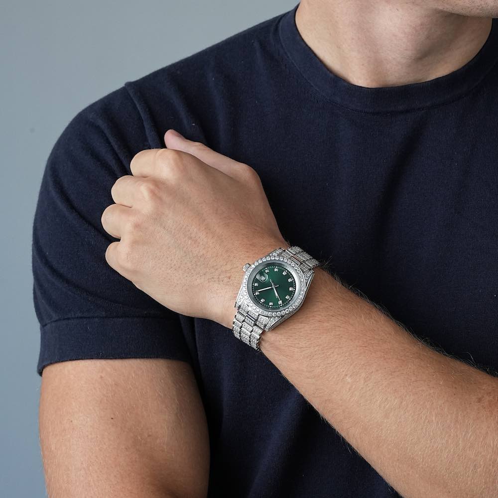 Moissanite Presidential Watch | Green Face | 41MM | 13.3CT Iced Out | 14K White Gold、mySite、hinf8tx79