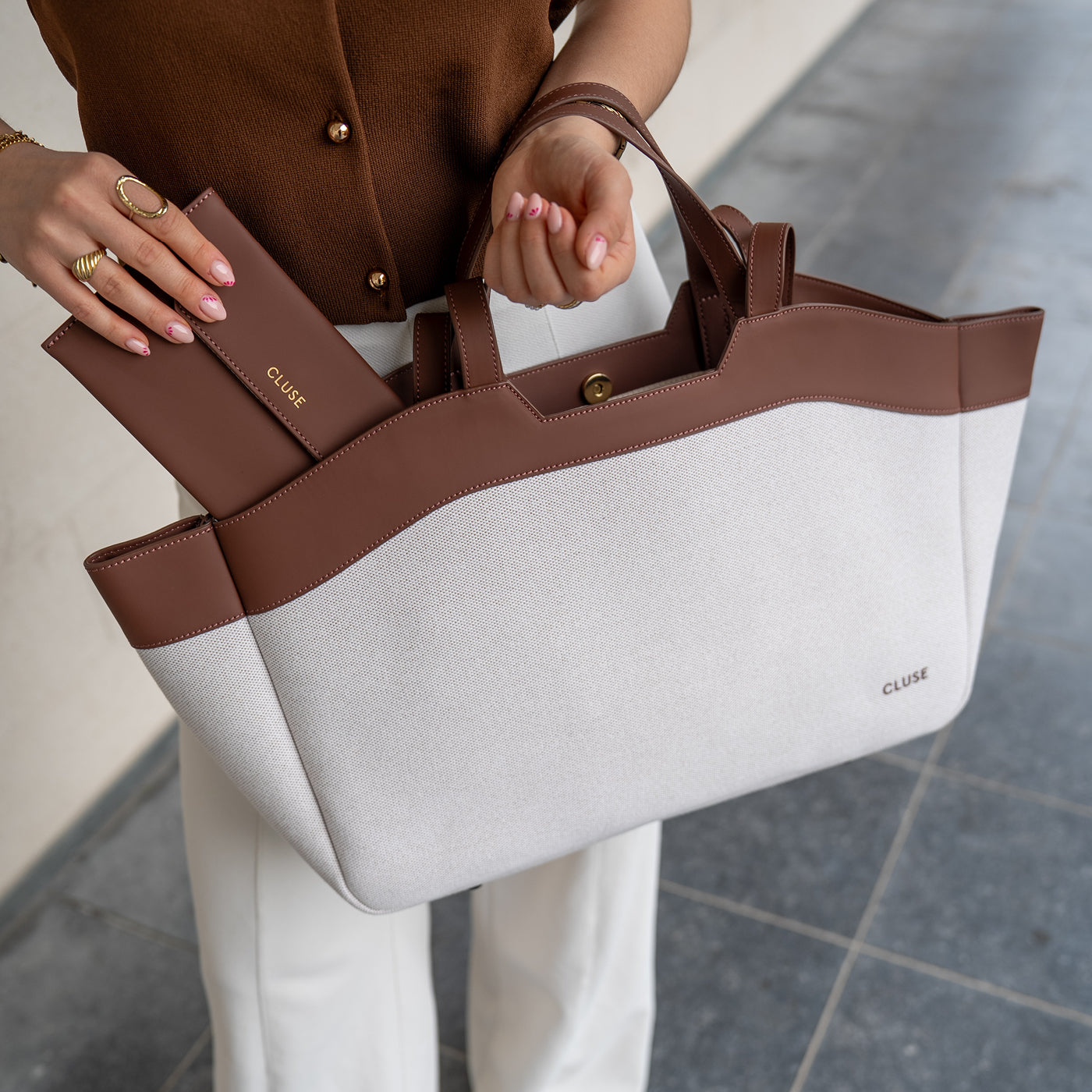 Tote Bag, Beige, Brown Colour、mySite、botmansion