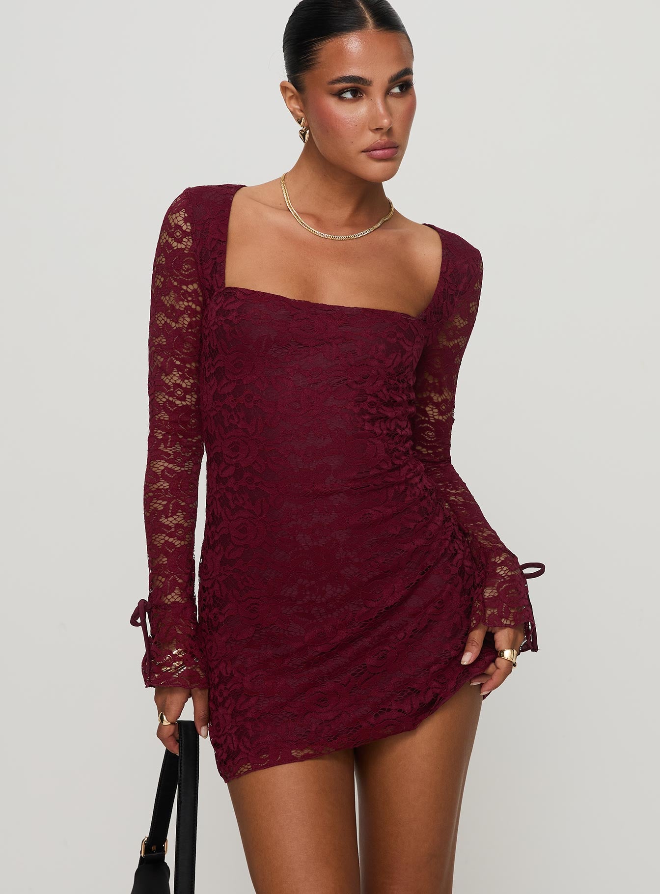 Lucianna Long Sleeve Lace Mini Dress Burgundy、mySite、solidvoid