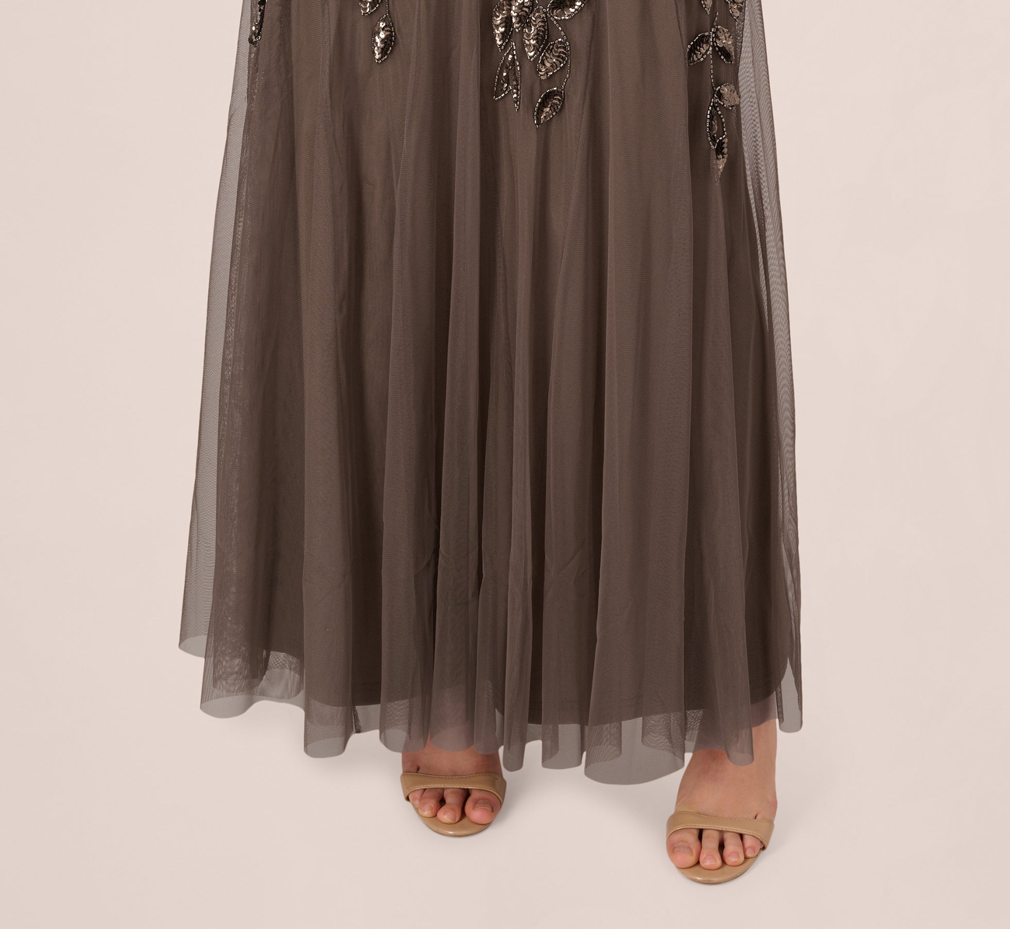 Hand Beaded Short Sleeve Floral Godet Gown In Lead、mySite、solidvoid