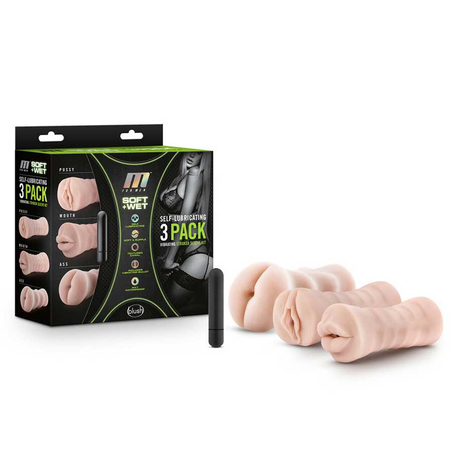 M for Men 3-Pack Self-Lubricating Vibrating Stroker Sleeve Kit、mySite、bottomscart