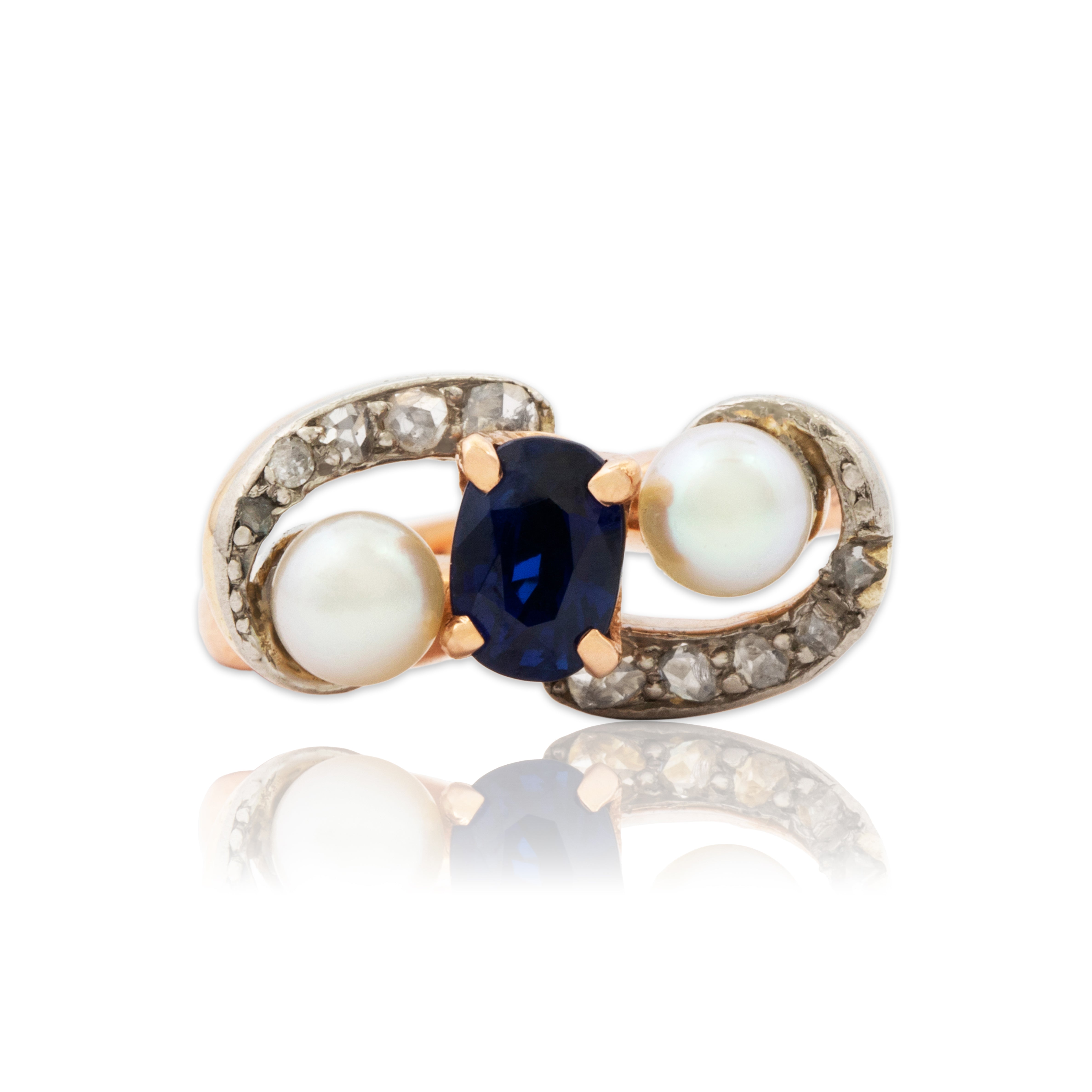 Antique Edwardian 18k Rosy Yellow Gold & Platinum Sapphire Diamond Pearl Ring、mySite、hinf8tx79