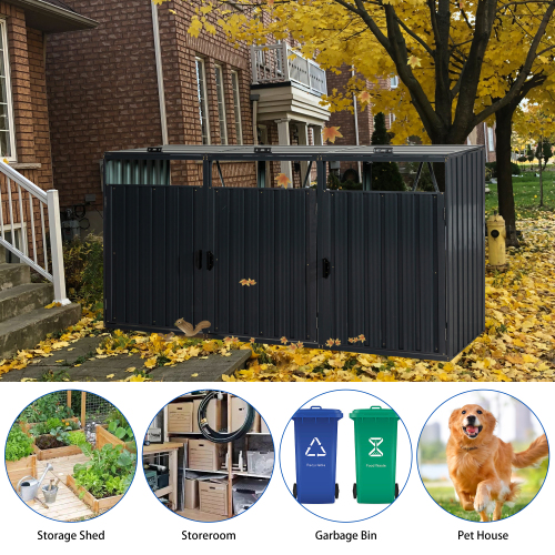 Garbage Bin Shed Stores 3 Trash Cans Metal Outdoor Bin Shed for Garbage Storage,Stainless Galvanized Steel, Bin Shed for Garden Yard Lawn,Grey、、eastwooduniform