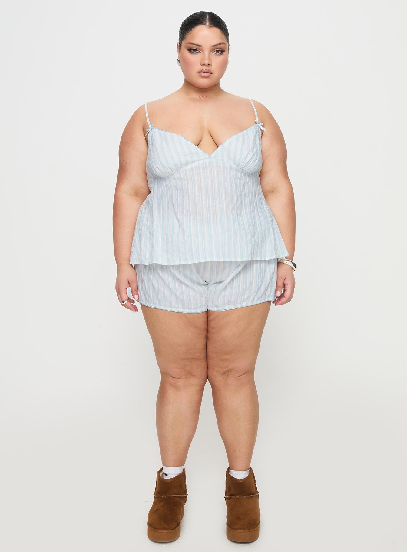 Tenderness Lace Sleep Set Blue / White Stripe Curve、mySite、solidvoid