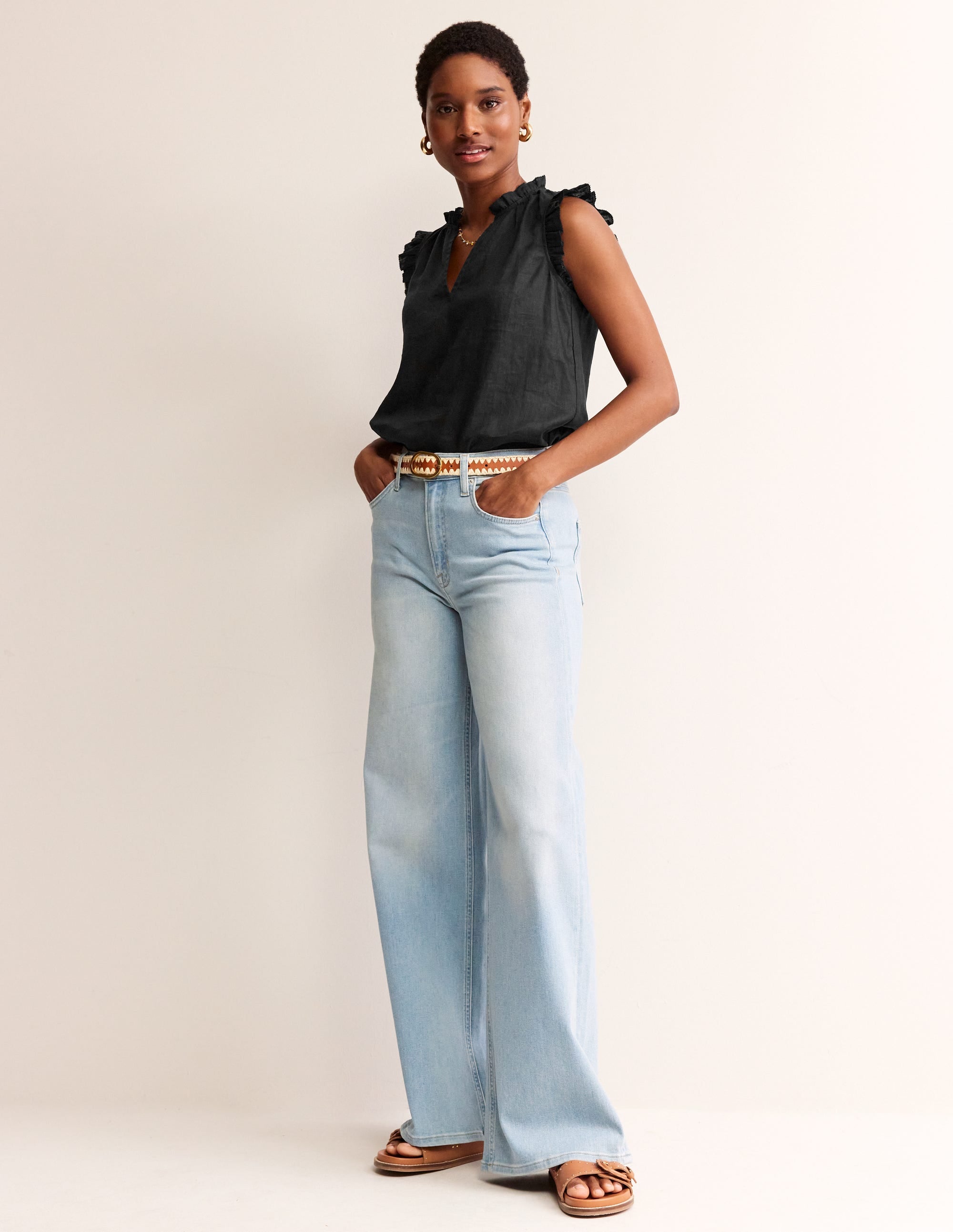  Frill Sleeve Linen Notch Top-Black、mySite、ashleygrahame