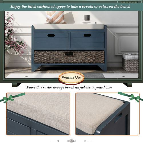 TREXM Storage Bench with Removable Basket and 2 Drawers, Fully Assembled Shoe Bench with Removable Cushion (Navy)、、casual