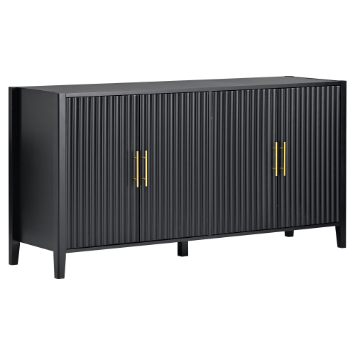 U_Style 63.1''Modern 4-Vertical Wavy Slatted Doors Sideboard,Storage Cabinet With Elegant Design, Solid Wood Legs with Painted,Metal Handles,for Dining Room,Living Room, Kitchen, or Entryway(Black)、、casual
