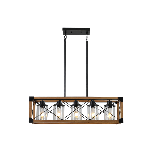 (Same as W1340P155968/L1011-RW) 32" Red Wood Industrial Farmhouse Rectangle Pendant Light, 5-Light Chandelier for Dining Room, Kitchen Island, Cafe Decor (No Bulbs)、、eastwooduniform