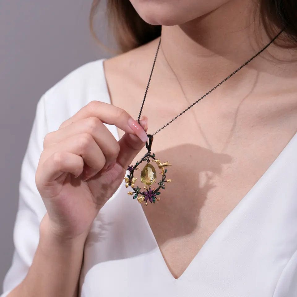 Hummingbird Floral Statement Necklace 925 Sterling Silver Waterproof Vintage Topaz, Amethyst or Citrine、mySite、g9winljtr
