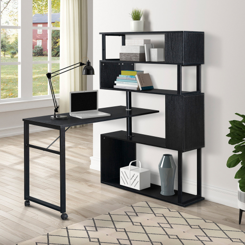Home Office Computer Desk L-Shaped Corner Table, Rotating Computer Table with 5-Tier Bookshelf, Four Installation Methods, Lockable Casters (Black)、、casual