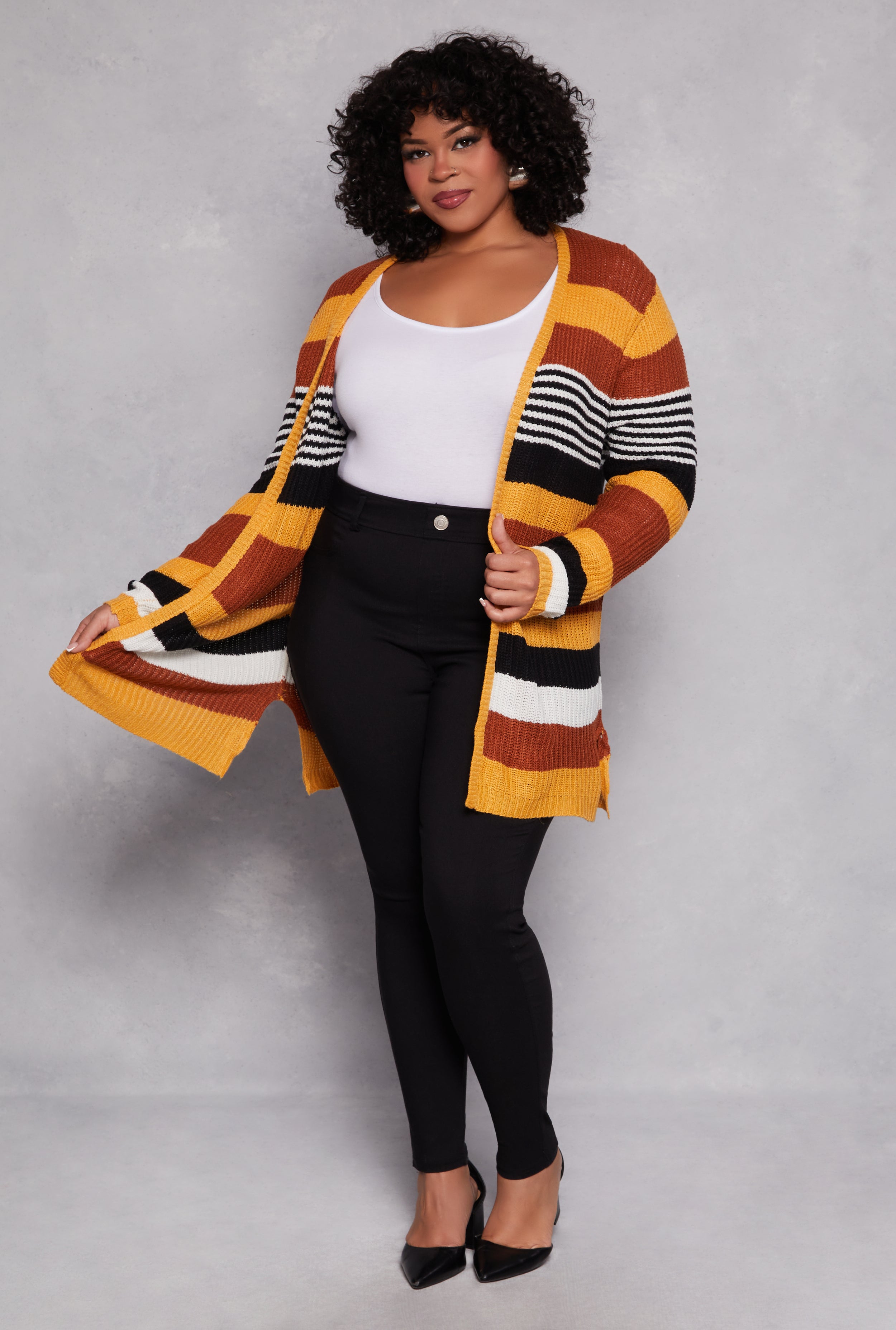 Plus Size Striped Open Front Cardigan、mySite、camillekostekn