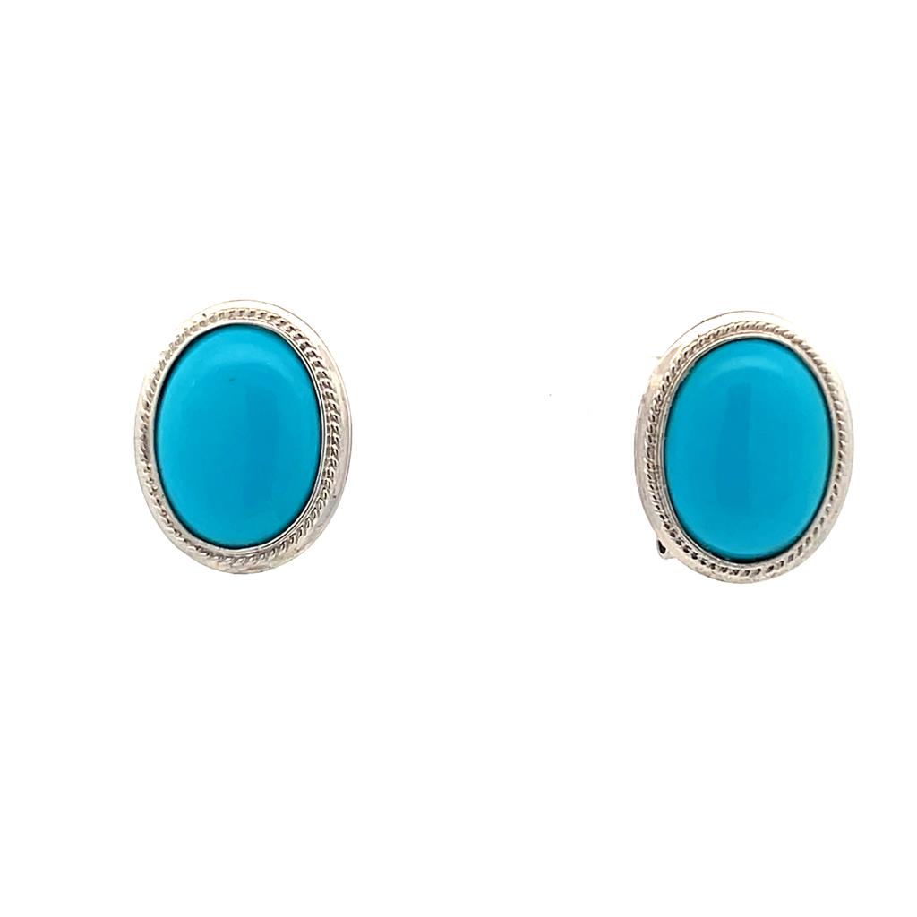  Estate 14K White Gold Oval Turquoise Stud Earrings