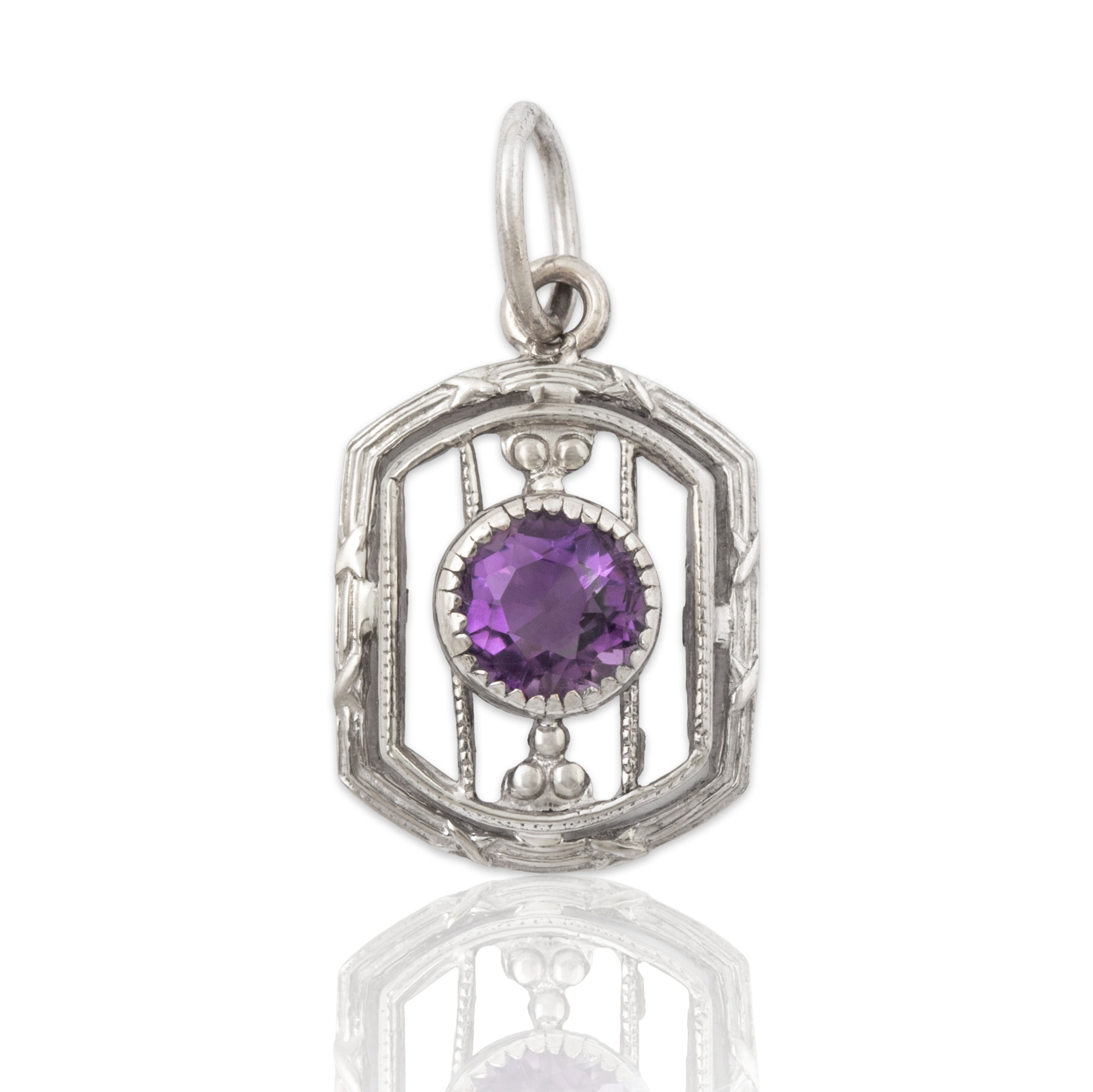 Antique Art Deco 14k White Gold Amethyst Shield Charm / Pendant、mySite、hinf8tx79