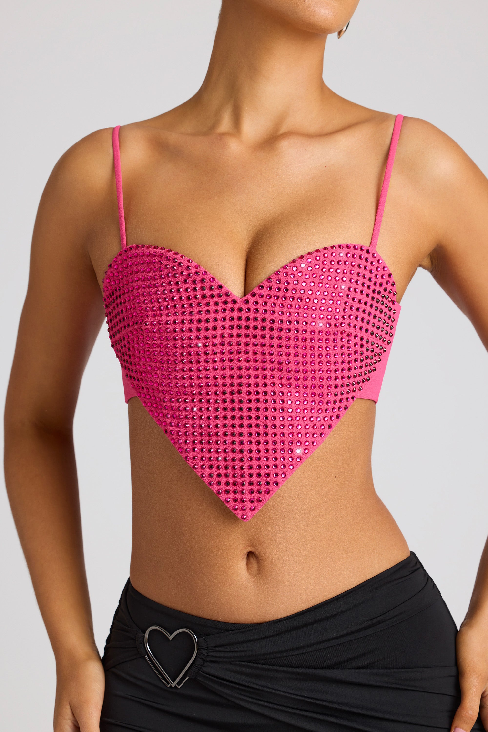 Embellished Heart Detail Crop Top in Magenta、mySite、solidvoid