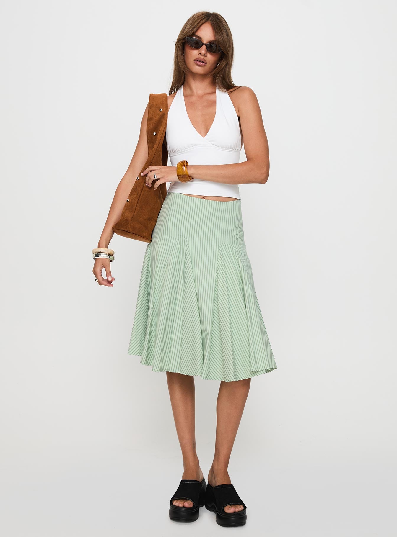Evangaleine Pleat Midi Skirt Green / White、mySite、solidvoid