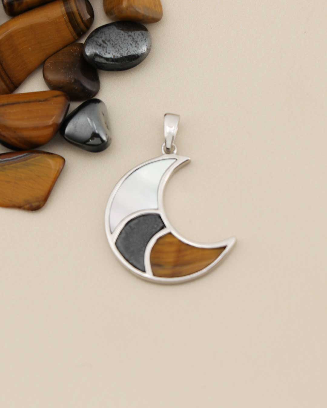 Tricolor Crescent Inlay Moon Pendant – Sterling Silver with Tiger’s Eye, Hematite & Mother of Pearl、mySite、topwebapps
