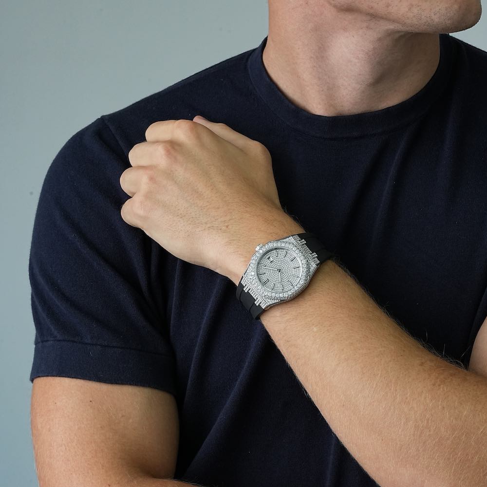 Moissanite Iced Out Silicone Band Watch | 13.5CT | 14K White Gold、mySite、hinf8tx79