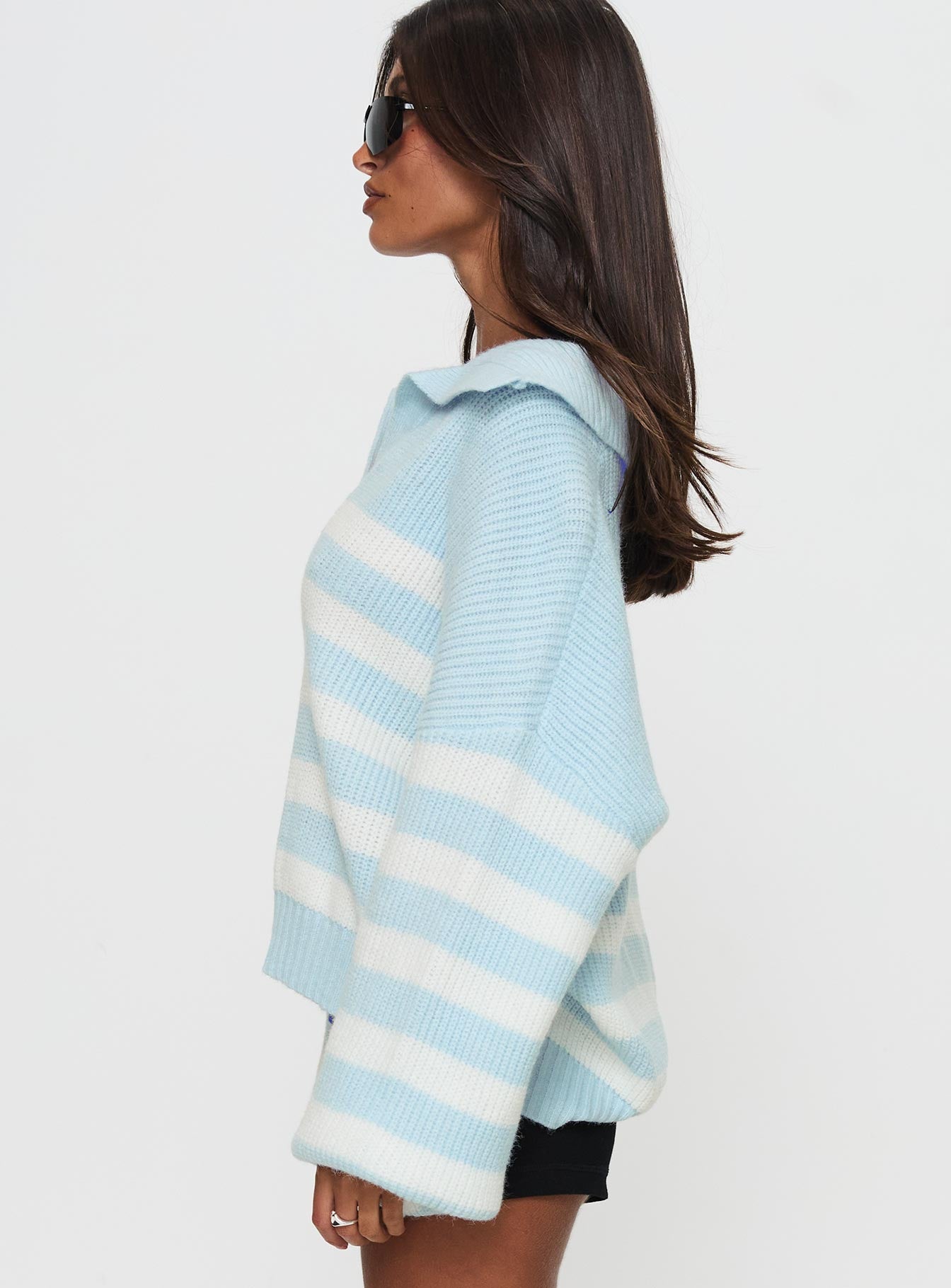 Carolena Long Sleeve Collared Knit Sweater Blue / White Stripe、mySite、solidvoid