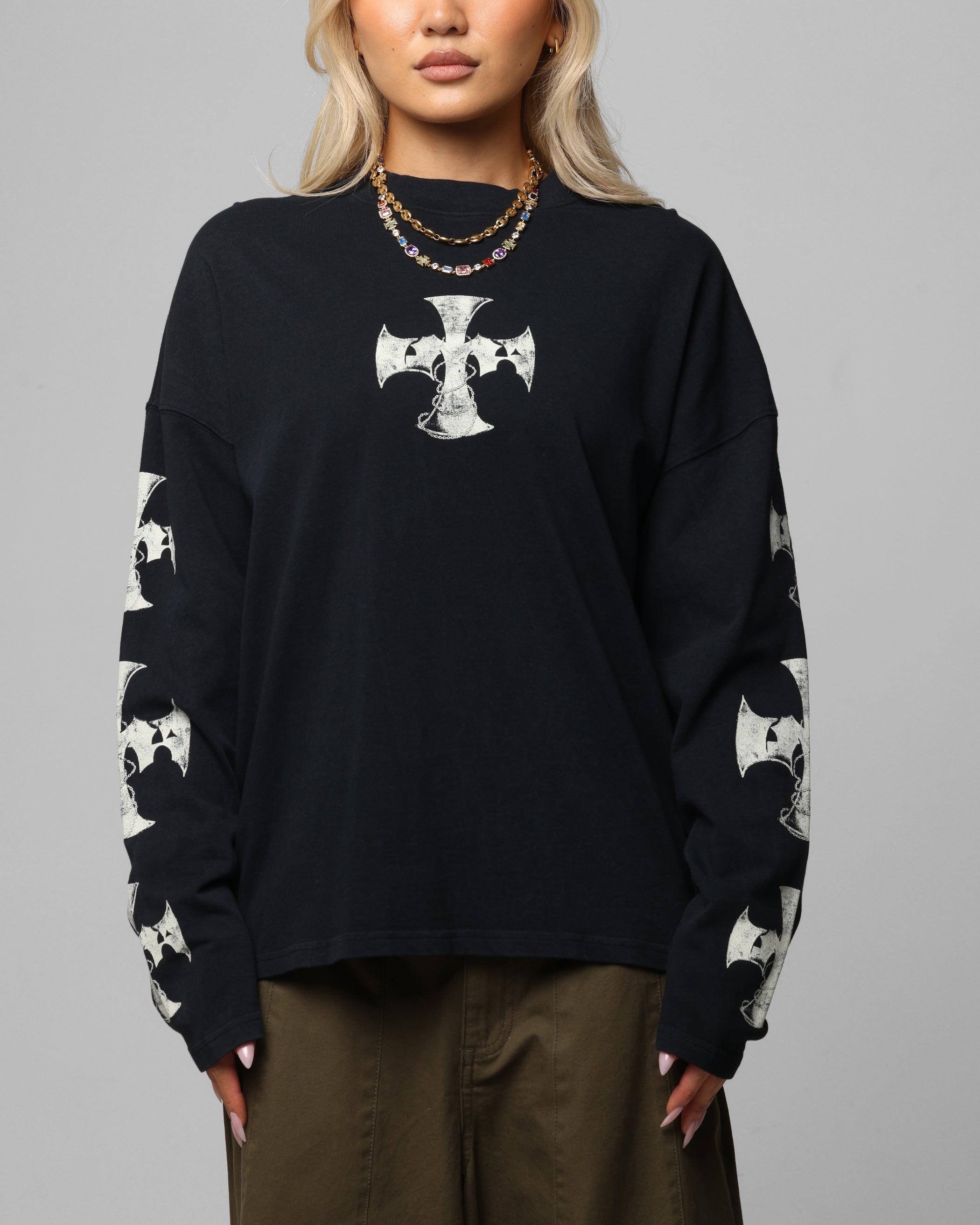 Loiter Cross Long Sleeve T-Shirt Black Acidwash、mySite、zt4zffjzw